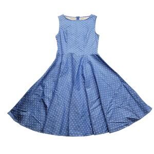 Anni Coco Womens Blue Polka Dot Fit Flare Midi Dress Size Small Retro